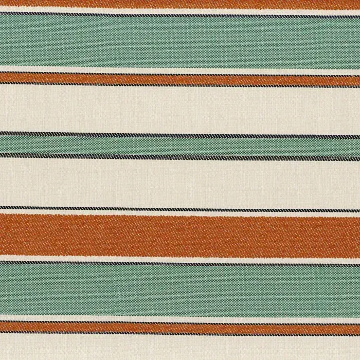 Tissu à larges rayures horizontales contemporaines dans les tons bleu canard, blanc crème et orange ocre.