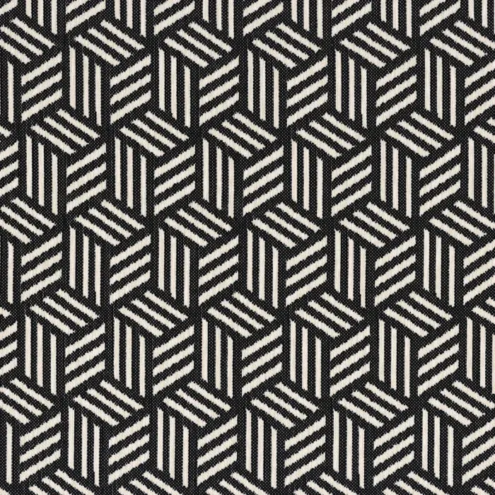 Tissu Misia au motif géométrique de cubes en 3D noir carbone et blanc cassé, style graphique moderne.