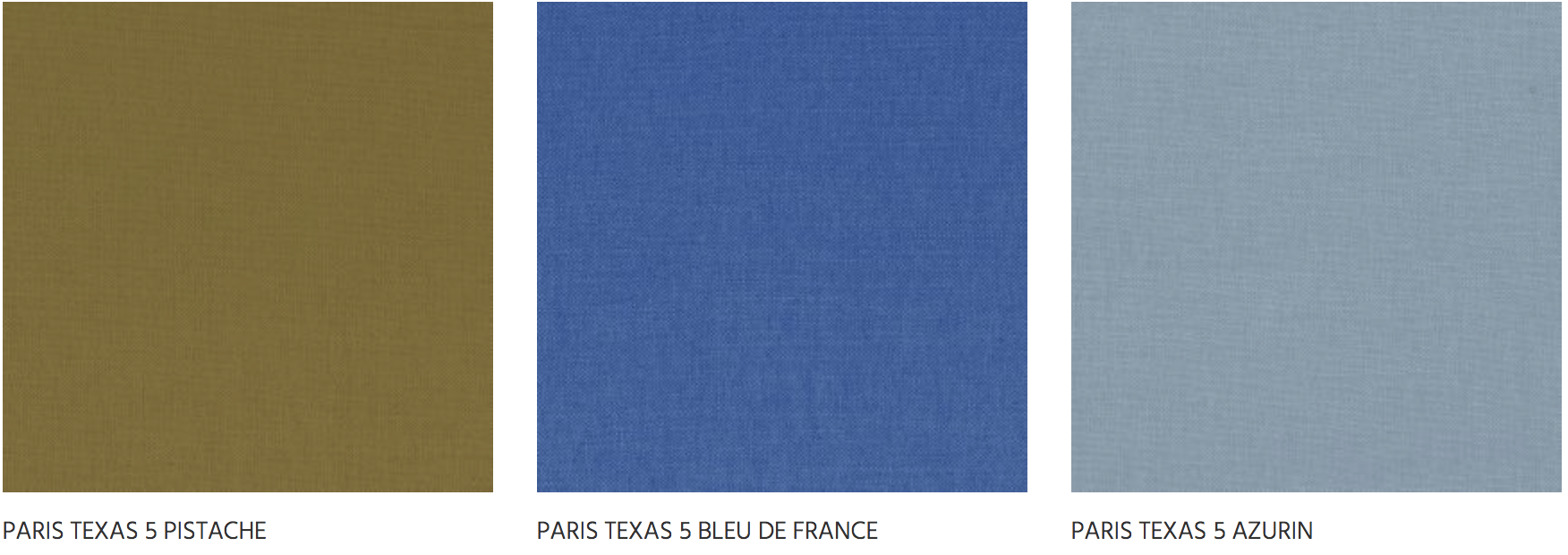 Nuancier de tissus Paris Texas incluant le Bleu de France, un ocre et un bleu ciel.
