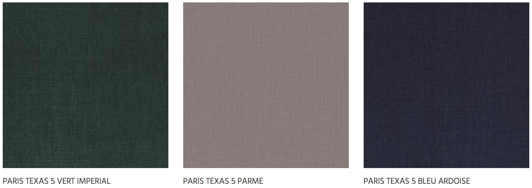 Sélection de tissus Paris Texas présentant le Parme (gris violacé) entre deux teintes de bleu très sombre.