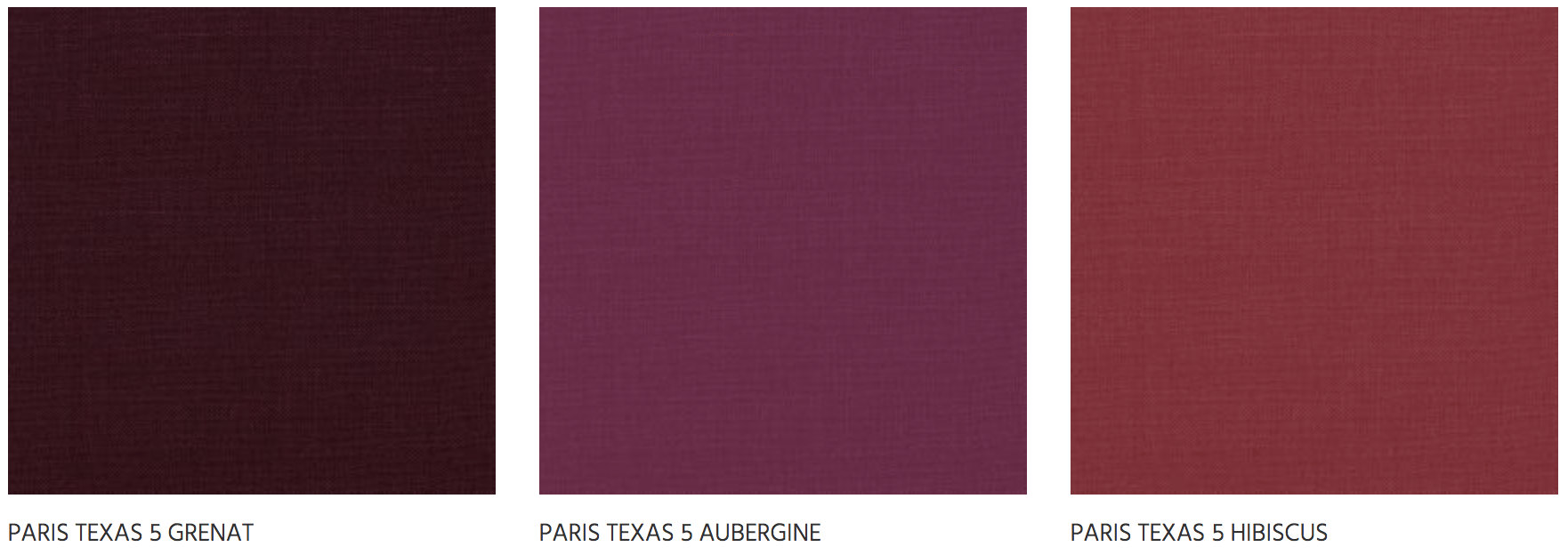 Échantillons Paris Texas présentant la teinte Aubergine (violet foncé) entre deux nuances bordeaux.