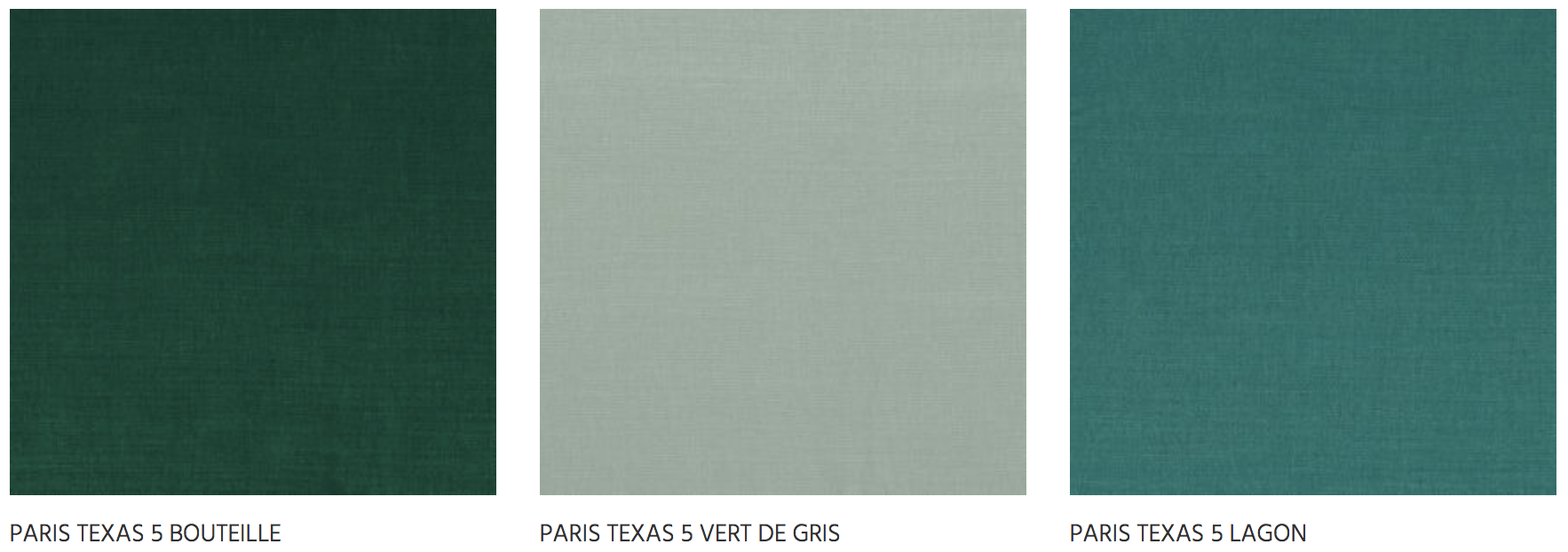 Échantillons Paris Texas présentant le Vert de Gris entre un vert forêt et un bleu pétrole.