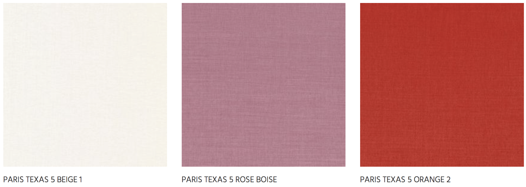 Échantillons Paris Texas présentant le Rose Boisé encadré par un blanc cassé et un rouge terre cuite.