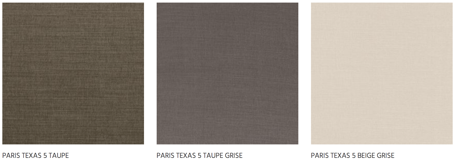 Trio de tissus Paris Texas avec le Taupe Grisé entre un brun terre et un sable clair.