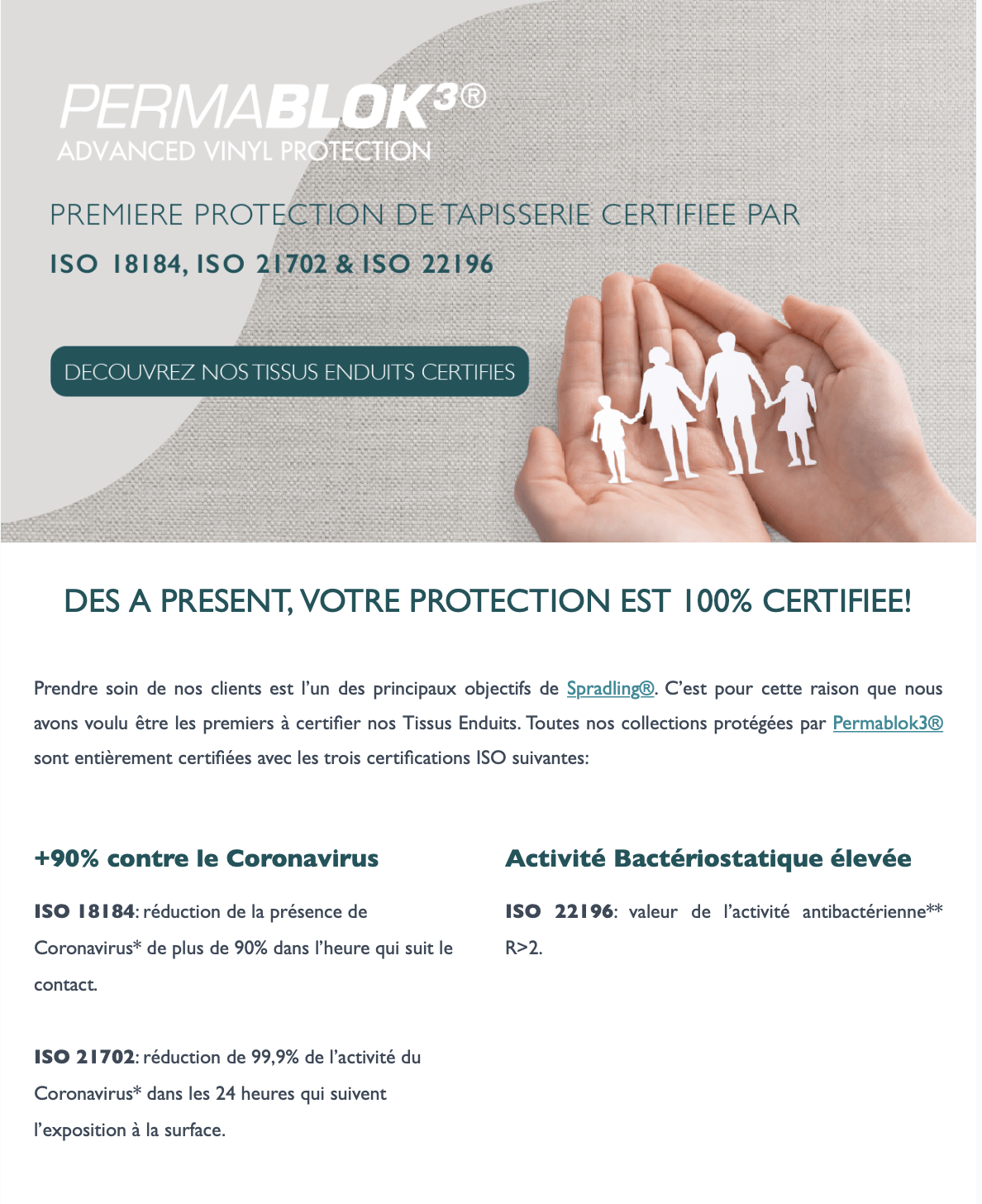 Publicité PERMABLOK3 pour la protection de tapisserie certifiée Silvertex M2, avec icône famille.