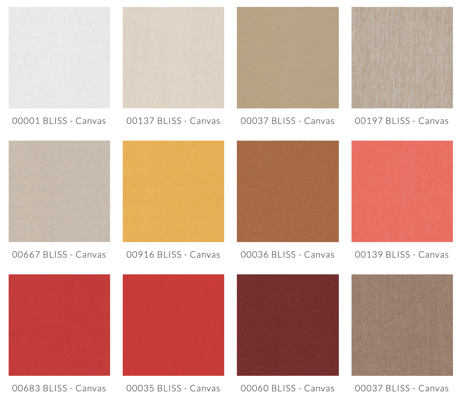 Nuancier de couleurs tons beiges et chauds pour le tissu d'extérieur Bliss Canvas gamme 1