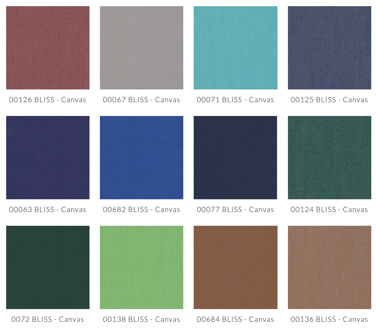 Nuancier de couleurs tons bleus et froids pour la toile d'extérieur Bliss Canvas gamme 1