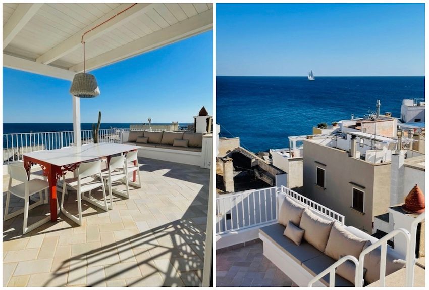 Montage photo d'une terrasse ensoleillée avec table blanche et banquettes avec coussins sur mesure face à la mer.