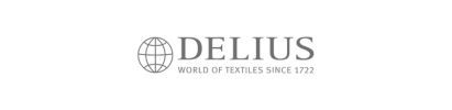 Logo de Delius, World of Textiles since 1722, avec un emblème de globe terrestre quadrillé.