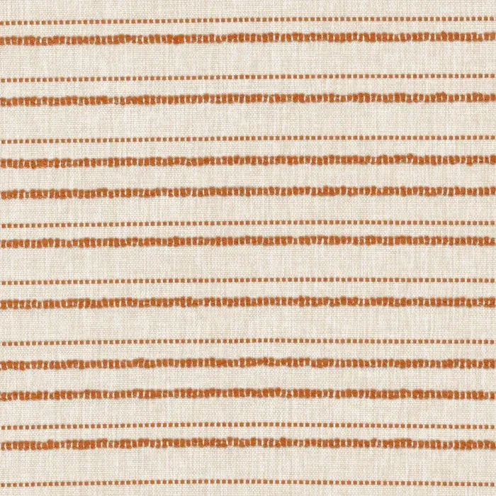 Tissu Misia aux rayures horizontales brodées tons terracotta et ocre sur fond textile naturel.