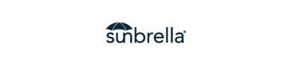 Logo de Sunbrella avec son pictogramme de parasol bleu caractéristique au-dessus du nom de la marque.