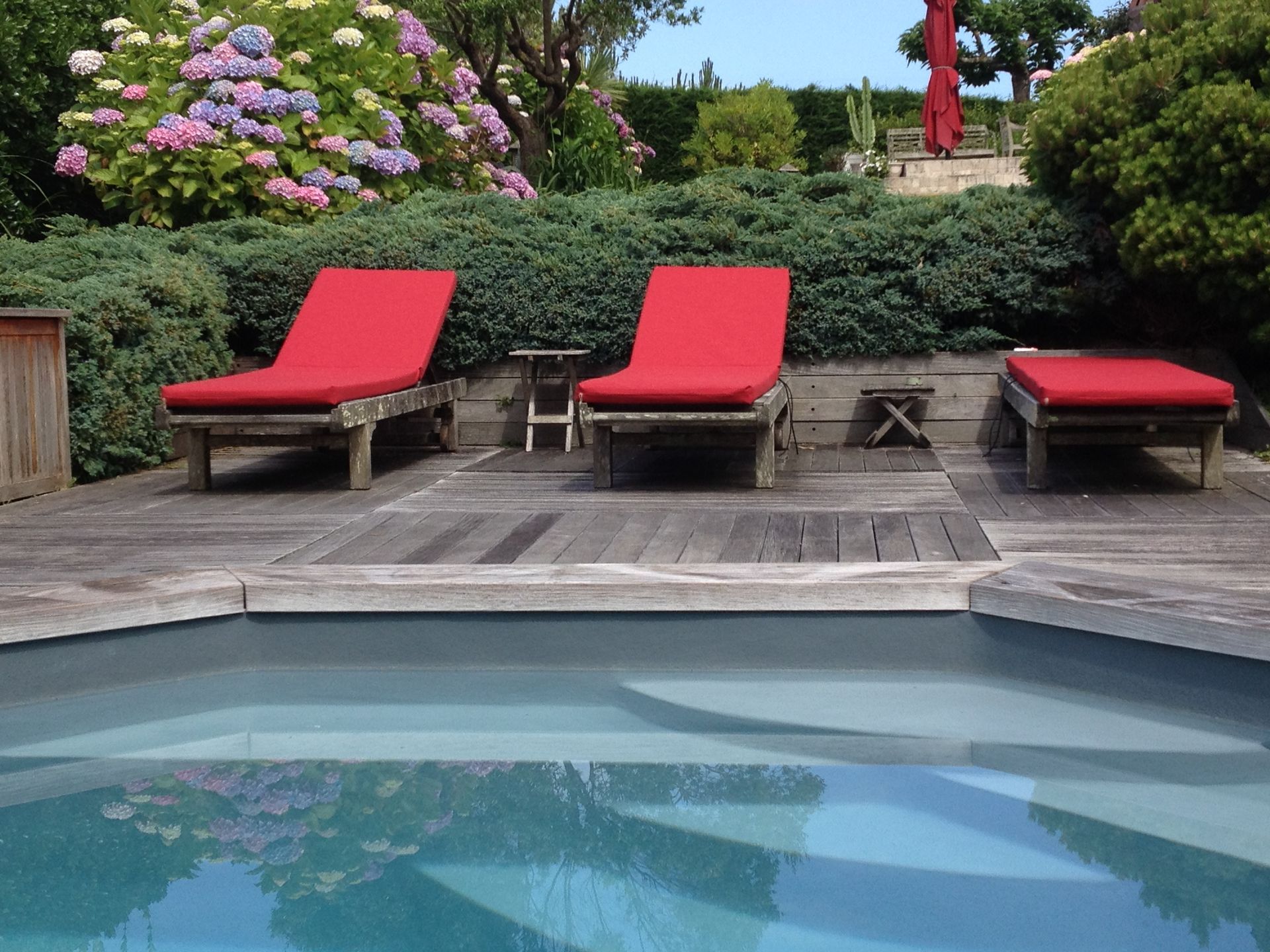 Matelas de transats extérieurs rouge vif sur mesure pour des bains de soleil en bois face à la piscine.