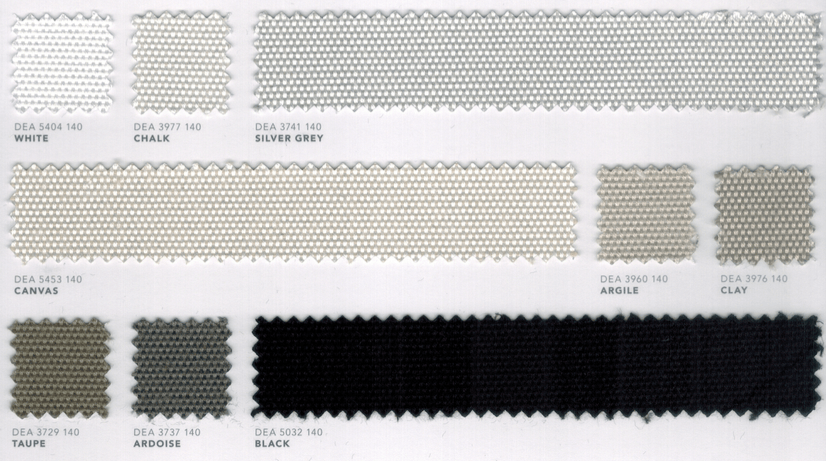 Collection Sunbrella Deauve montrant des tissus unis et à chevrons discrets dans des tons sobres et neutres.