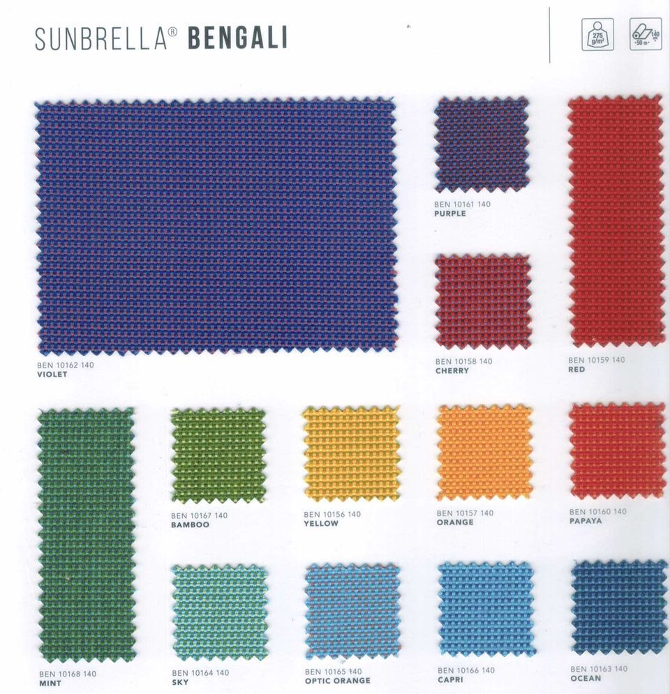 Collection Sunbrella Bengali présentant des tissus texturés à petits motifs géométriques bleus et rouges.