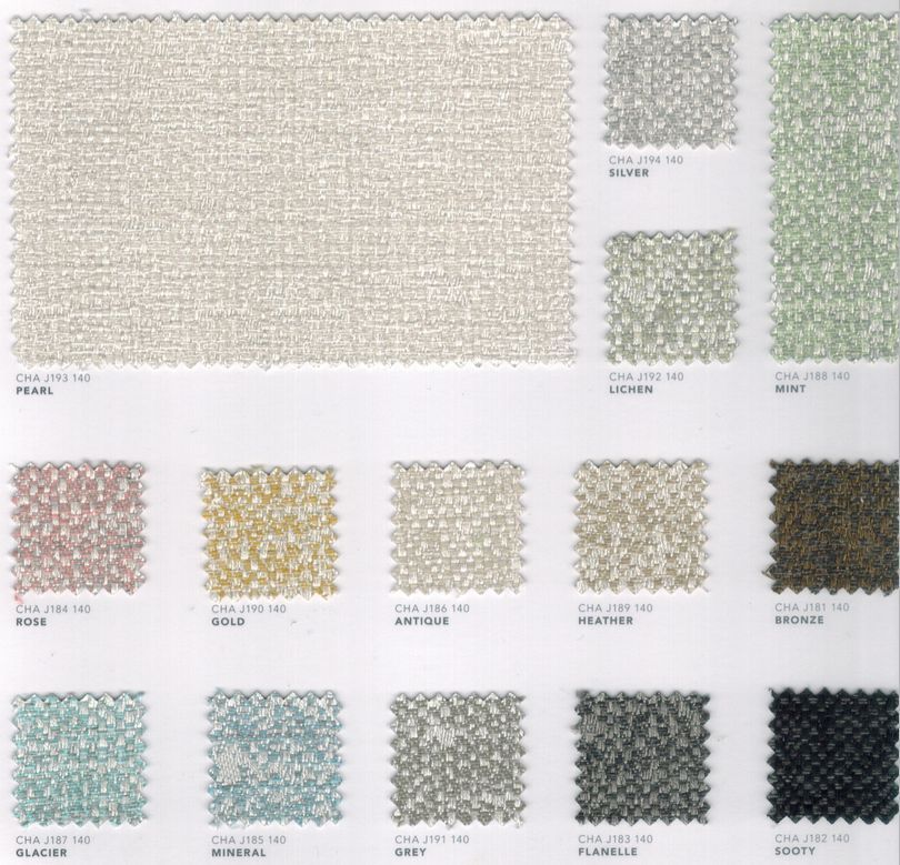 Nuancier Sunbrella Chartres : tissus texturés aux tons nacrés, argentés et pastels (menthe, lichen).