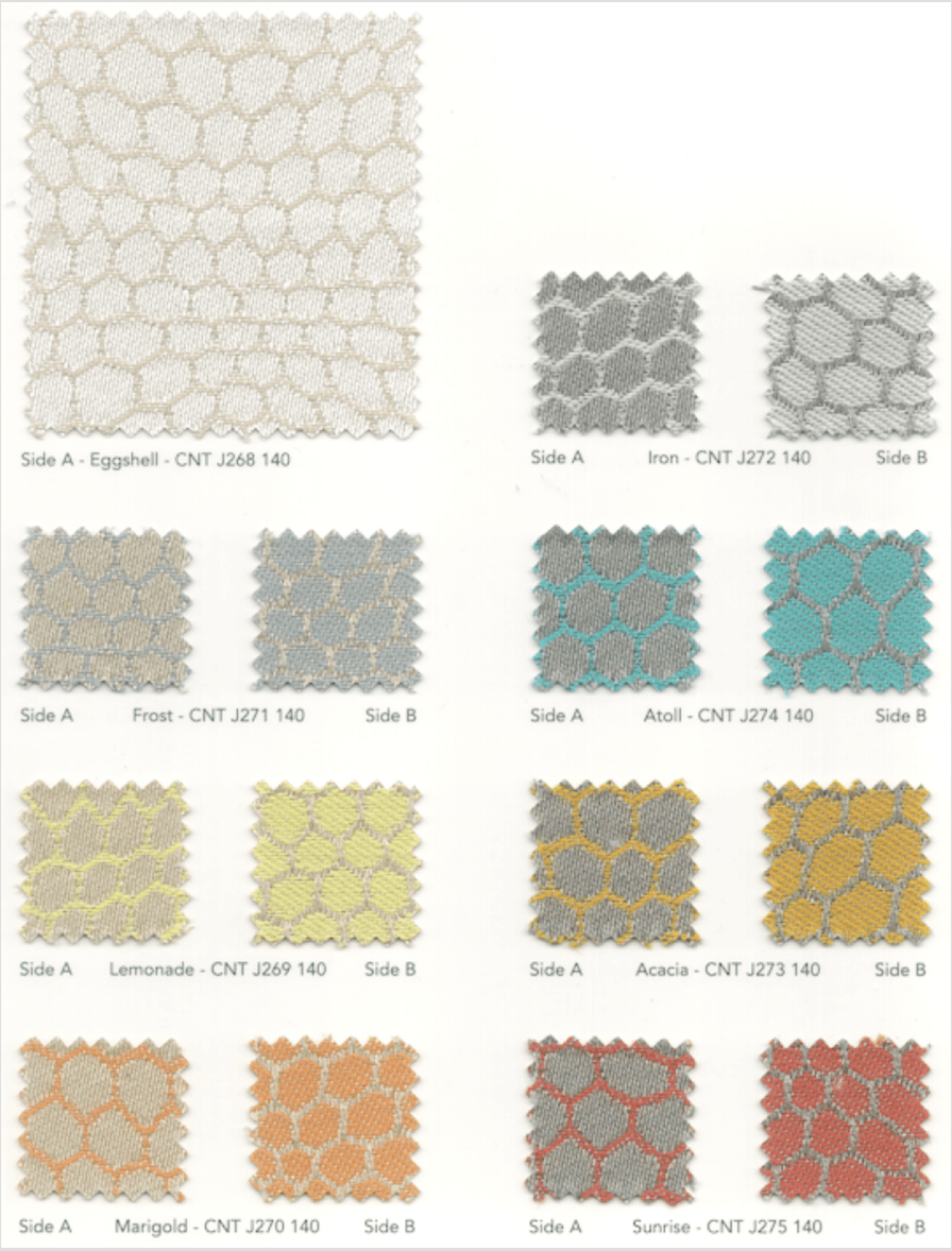 Nuancier Sunbrella Connect montrant des motifs alvéolaires beiges et gris, avec des accents bleu turquoise.