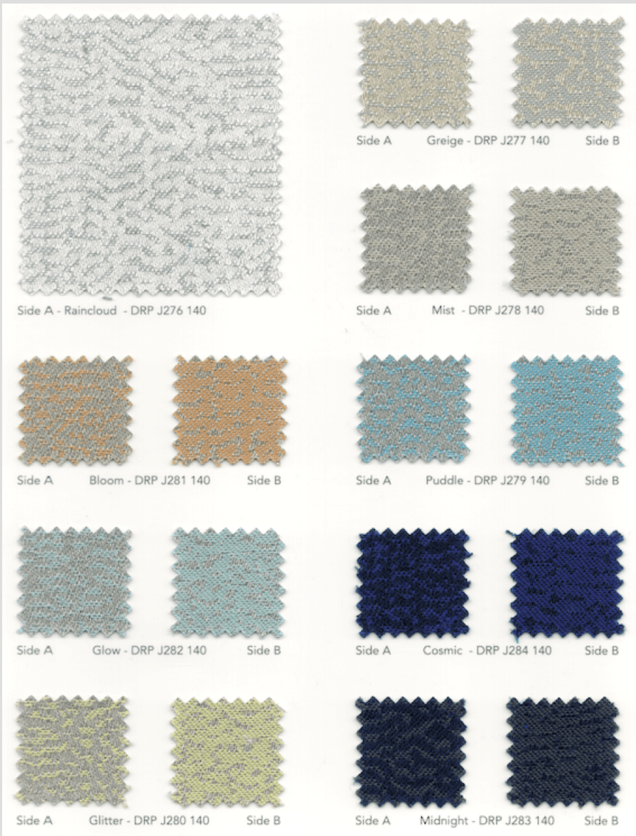 Collection Sunbrella Drops avec des motifs de gouttes répétés dans des tons gris clairs et beiges.