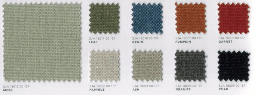 Collection Sunbrella Heritage montrant des tissus d'aspect naturel recyclé dans des tons vert, bleu et ocre.