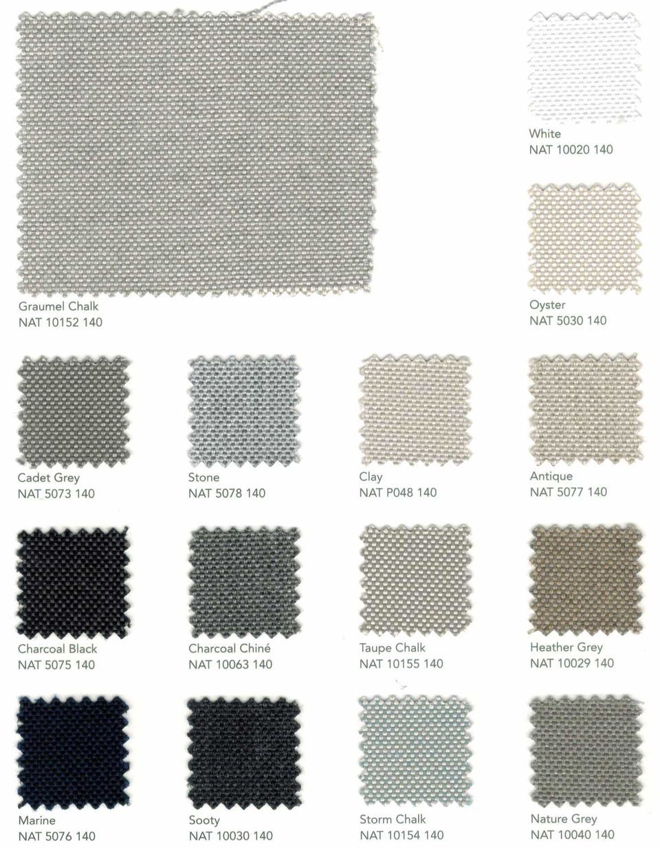 Zoom sur le tissu Sunbrella Natté gris accompagné de ses variantes claires et foncées dans des tons assortis.