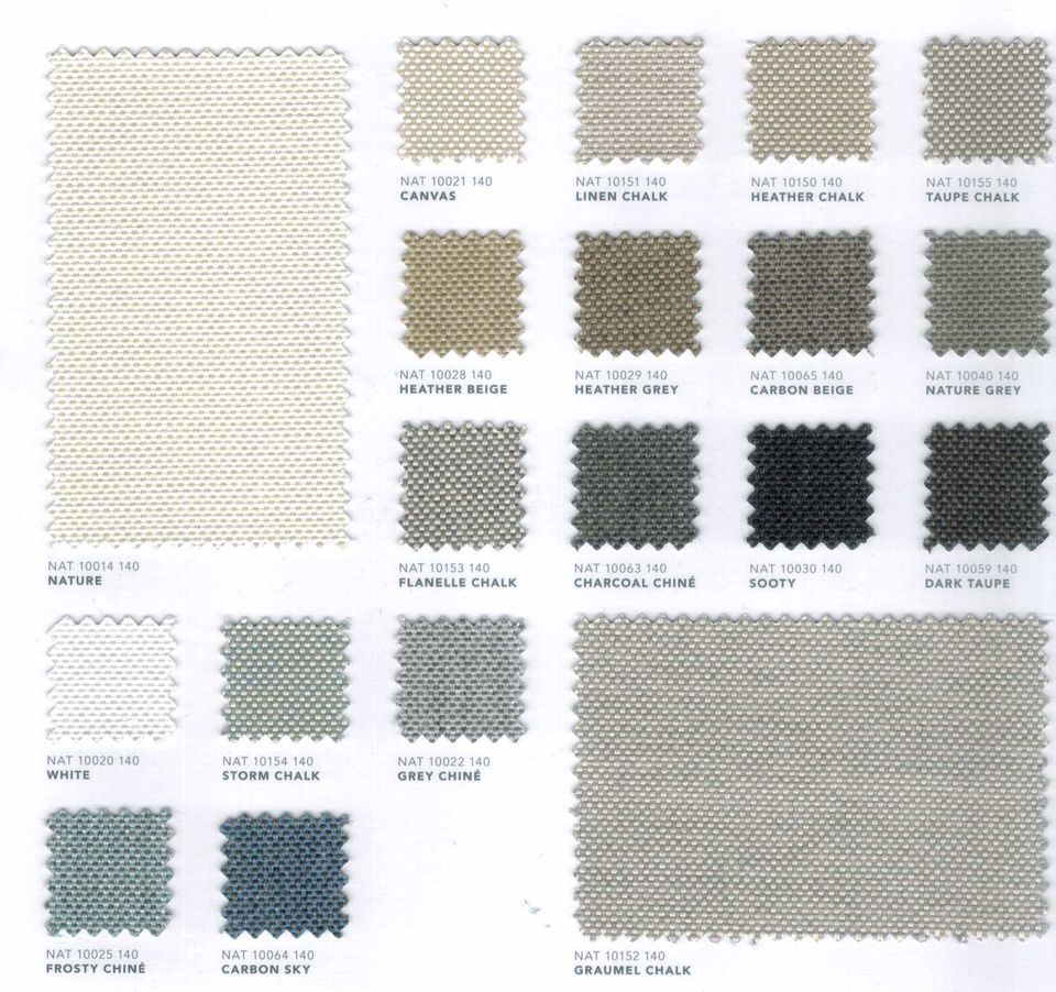 Nuancier Sunbrella Natté déclinant une large palette de gris et de beiges texturés d'aspect natté serré.