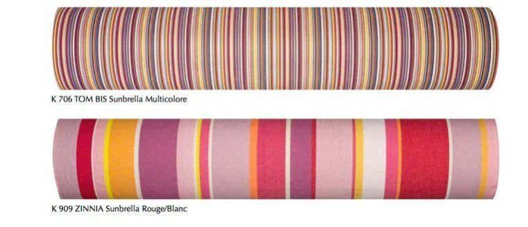 Détails de tissus Sunbrella avec larges rayures multicolores et tons pastel rose et jaune.