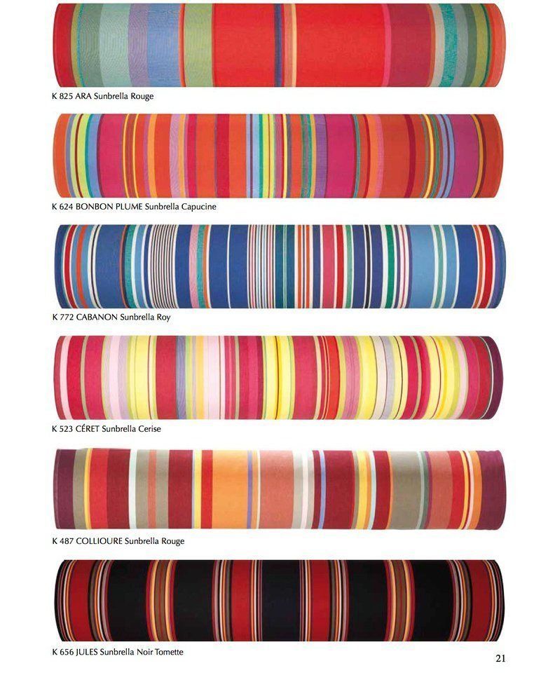 Sélection de tissus Sunbrella à rayures colorées : motifs rouge, orange, rose et bleu pour extérieur.