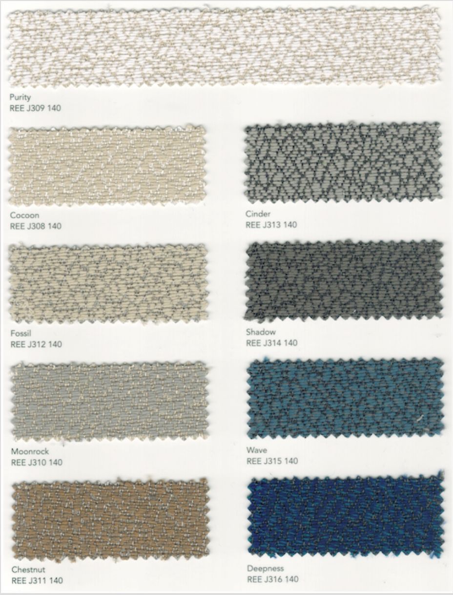 Échantillons de tissus Reef aux textures bouclées et denses dans des tons gris, beige et anthracite.