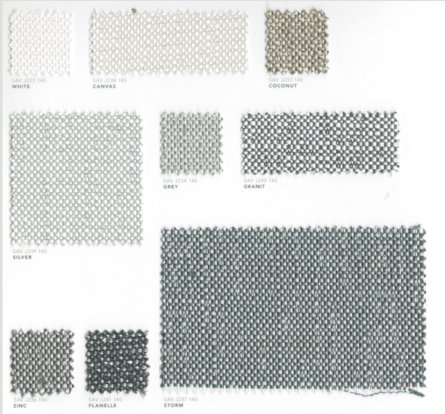 Nuancier Sunbrella Savane présentant des tissus à texture chinée dans des tons blancs et gris clairs.