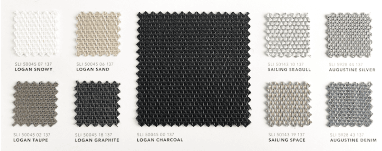 Nuancier Sunbrella Sling présentant des textiles techniques ajourés noirs, gris et beiges pour mobilier extérieur.