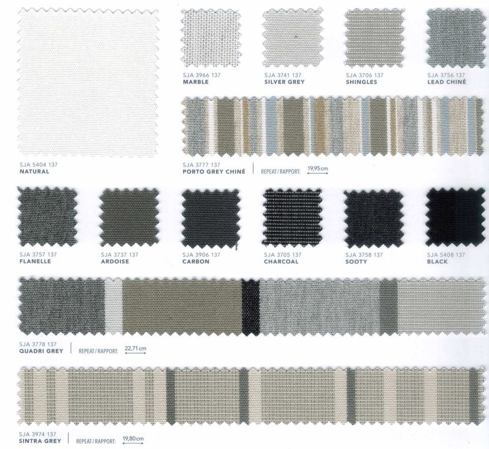 Sélection de tissus Sunbrella avec des dégradés de gris, anthracite et noir, incluant des motifs à rayures.