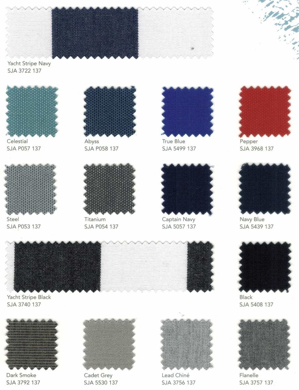 Nuancier Sunbrella déclinant des teintes de bleu (céleste, abysse) et des gris foncés avec rayures marine.