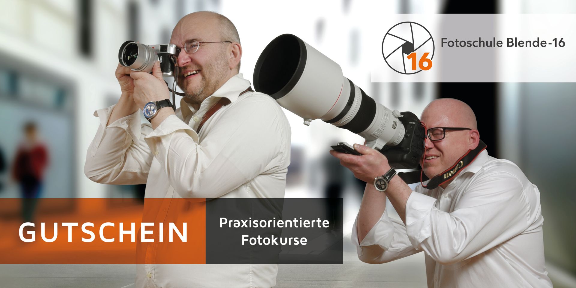 Fotokurs Gutschein für Fotokurse, Fotoworkshops und Fotoseminare an der Fotoschule Blende-16 in Nürnberg: Links Fotograf Herbert Mrosek, rechts Diplom Fotodesigner Alexander Mrosek.