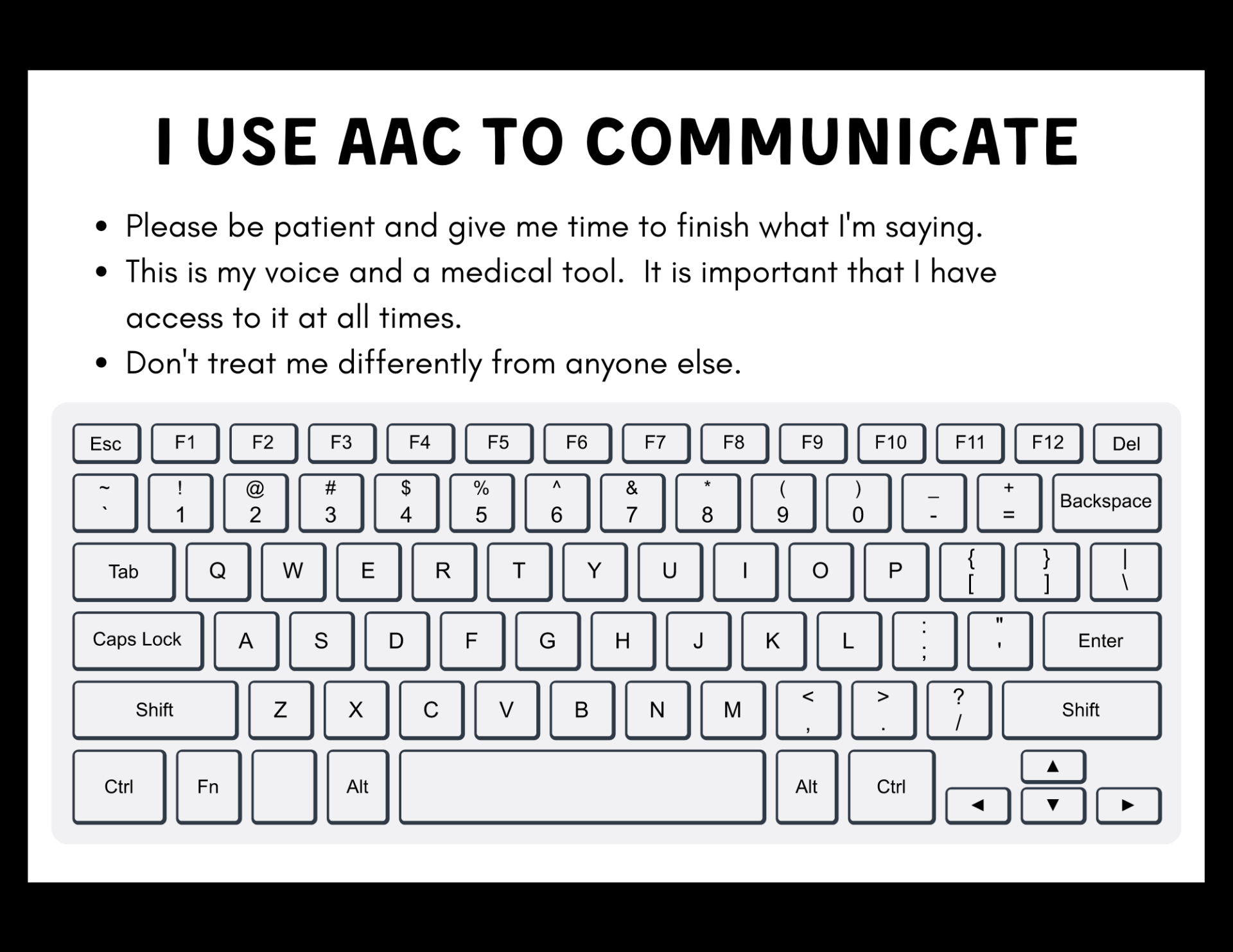 the image of a keyboard with the text display reading I USE AAC TO COMMUNICATE. Please be patient and give me time to finish what Im saying. This is my voice and a medical tool. It is important that  I have access to it at all times. Dont treat me differently from anyone else.