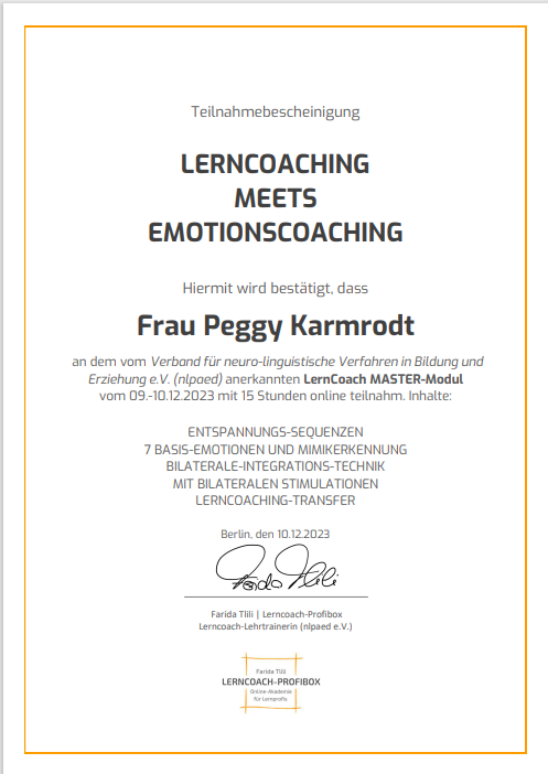 TN-Bescheinigung Emotionscoaching Teilnahmebescheinigung Emotionscoaching Lerncoach-Profibox