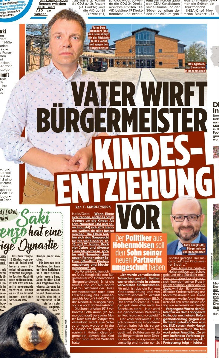 Bild-Zeitung 2. Mai 2021 Andy Haugk, Bürgermeister Hohenmölsen, CDU, Burgenlandkreis, Sachsen-Anhalt, Reiner Haseloff, Götz Ulrich, Landrat, Naumburg, Weißenfels, mz, mitteldeutsche Zeitung, BILD-Zeitung