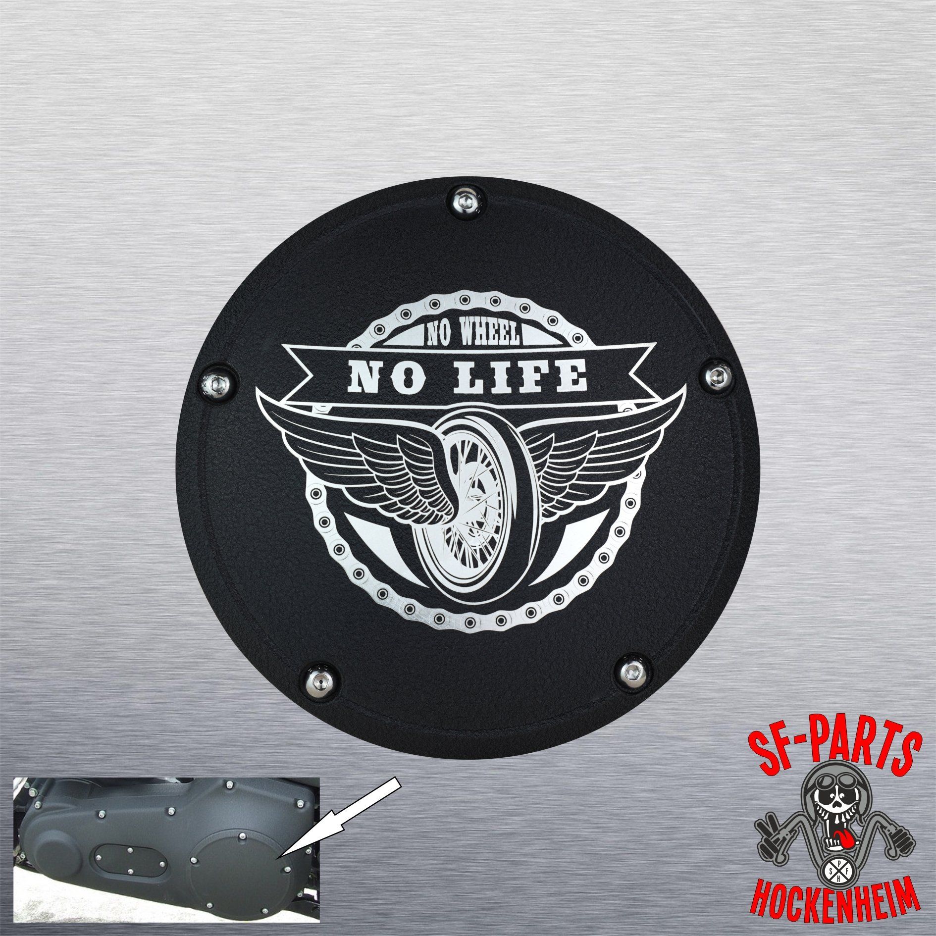 SF-Parts Derby Cover / Kupplungsdeckel mit Gravur  5 Loch für Harley Davidson Big Twin® ab BJ 1999-2019 (ca.185mm ø).