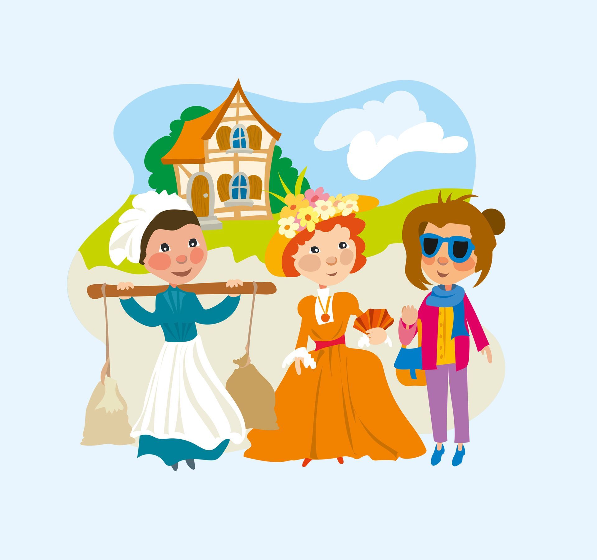 Illustration für Kinder von drei Frauen in historischer Kleidung, die erklärt, das schon viele Menschen in den alten Fachwerkhäusern gelebt haben