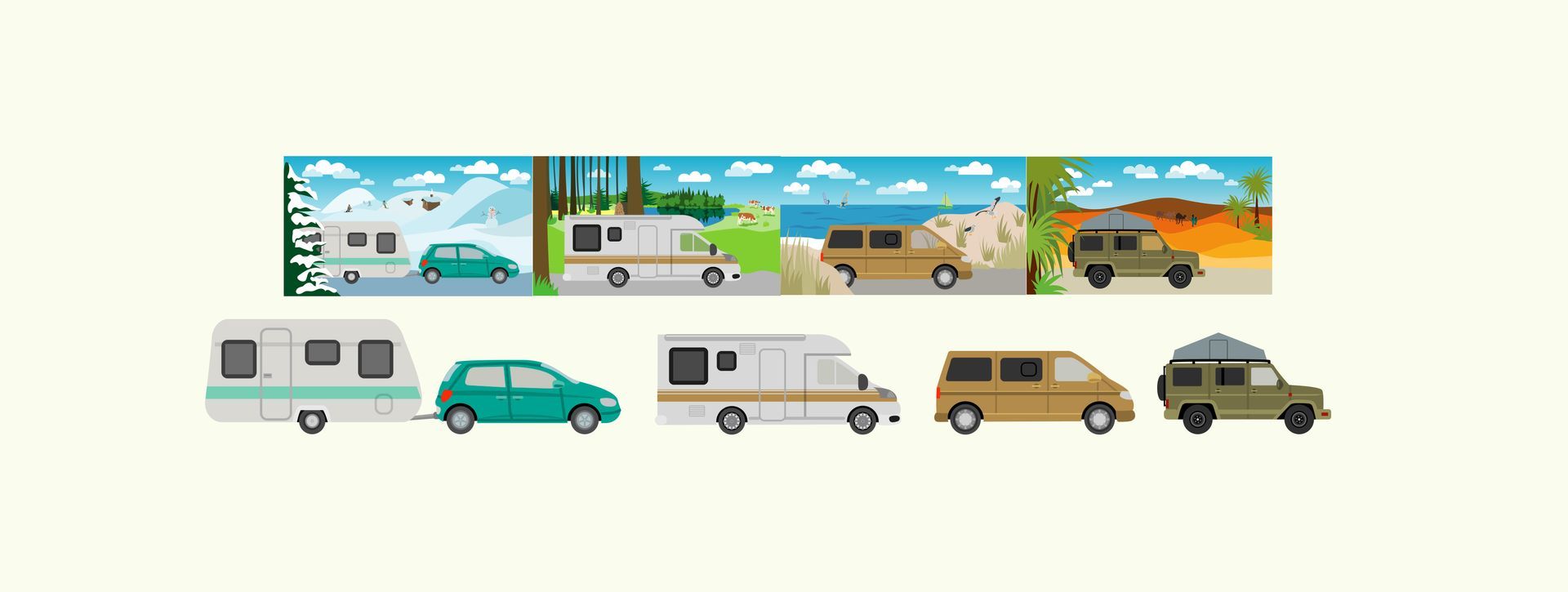 Minimalistische Illustrationen verschiedener Camper-Fahrzeuge ohne Markenerkennung für den Tourismus-Bereich