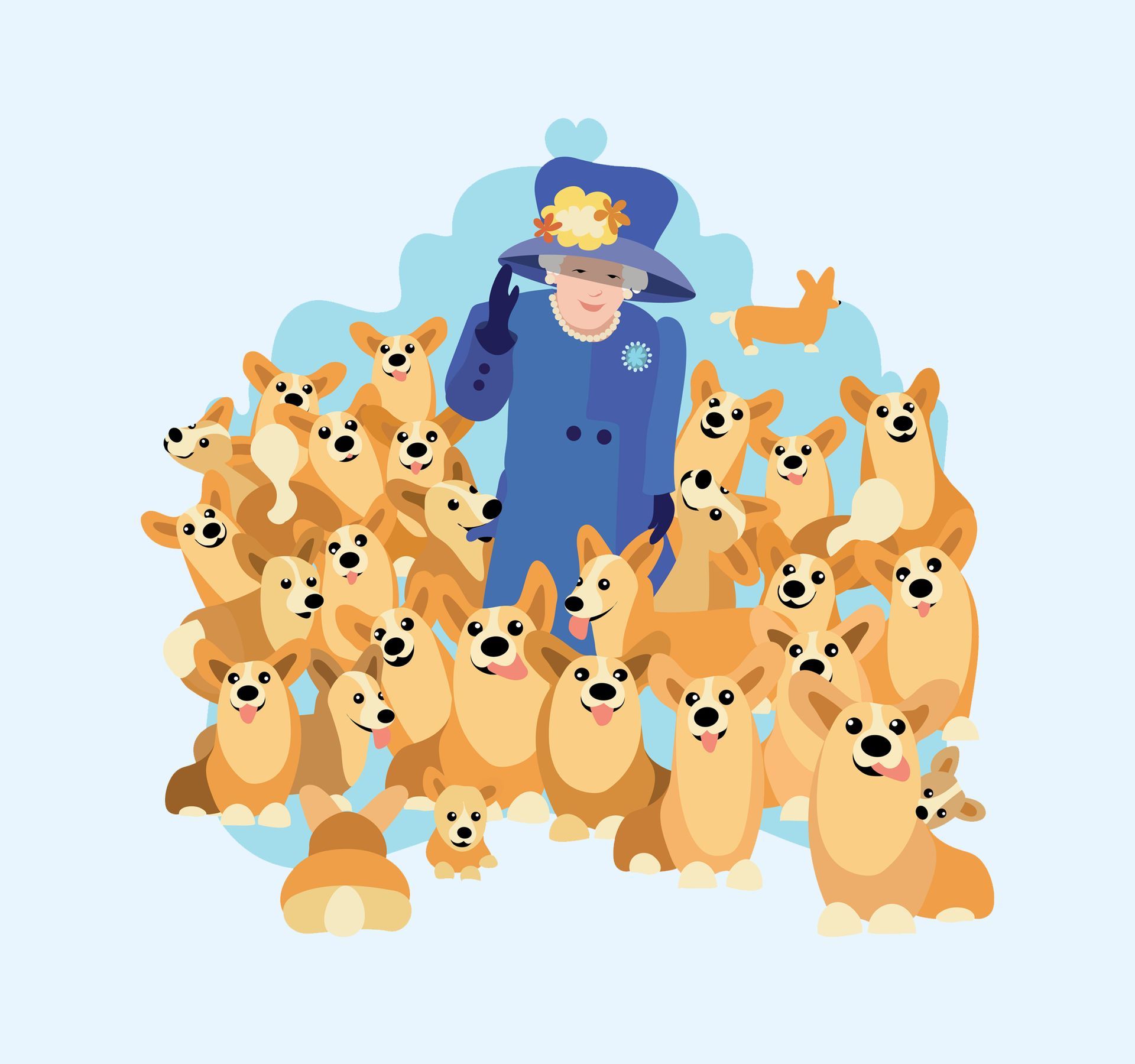 Illustration einer weiblichen Figur in einem blauen Kostüm mit Hut und vielen Corgi-Hunden um sie herum