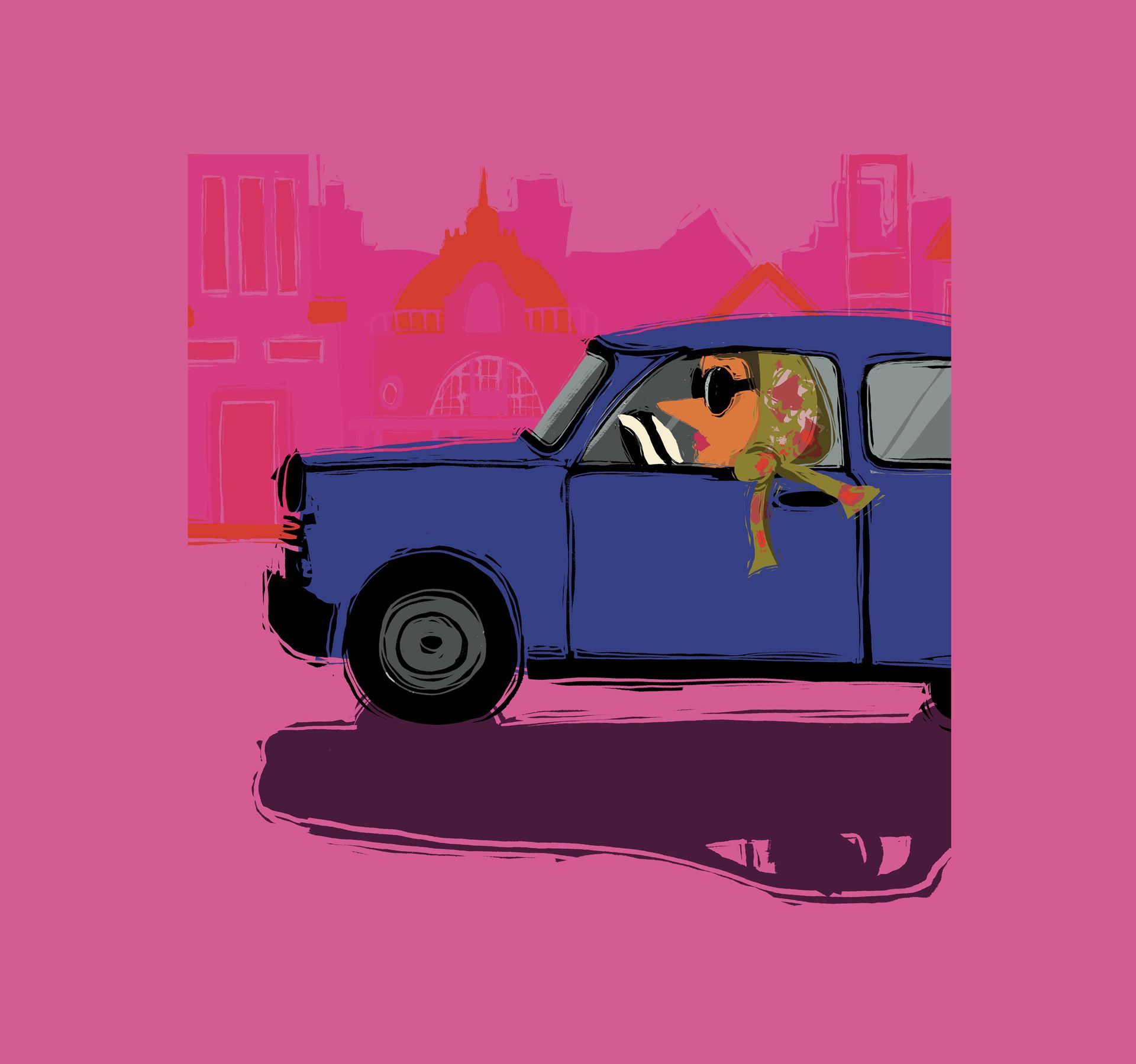 Cartoon-Figur Illustration einer Dame mit Kopftuch in einem sehr kleinen Auto