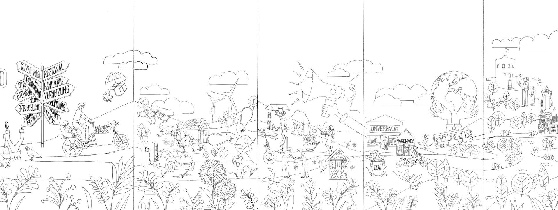Skizzen der Fensterillustrationen mit Elementen nachhaltiger Stadtplanung wie Begrünung, Mobilität, Energie, Nachhaltigkeit und Zukunftsideen
