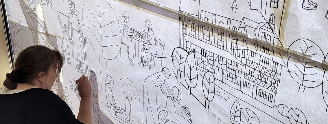 Umsetzung der Fensterillustration mit Elementen nachhaltiger Stadtplanung wie Begrünung, Mobilität, Energie, Nachhaltigkeit und Zukunftsideen