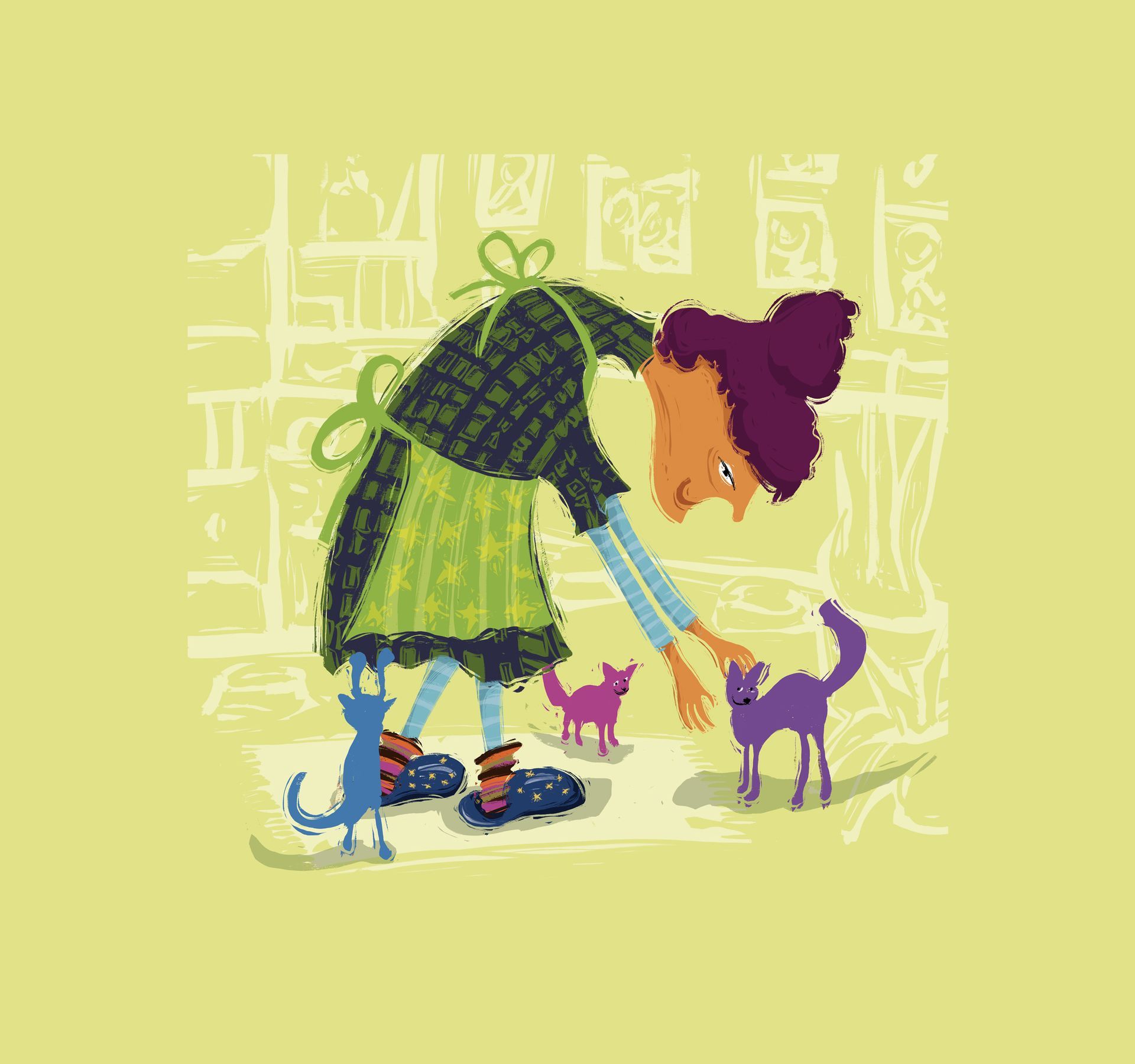 Cartoon-Illustration einer alten Dame mit drei Katzen