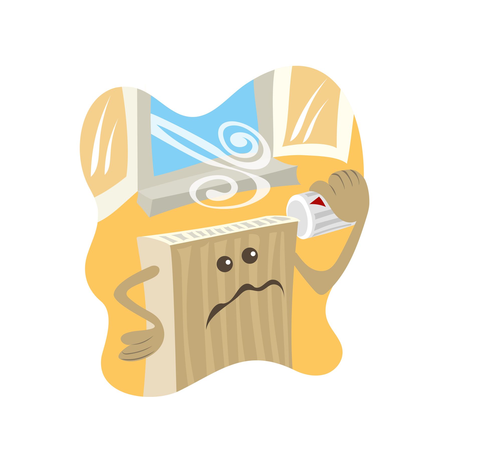 Kindgerechte und lustige Illustration mit Szenen zu Mülltrennung, Energiesparen und Naturbewusstsein - Beim Lüften die Heizung aus stellen