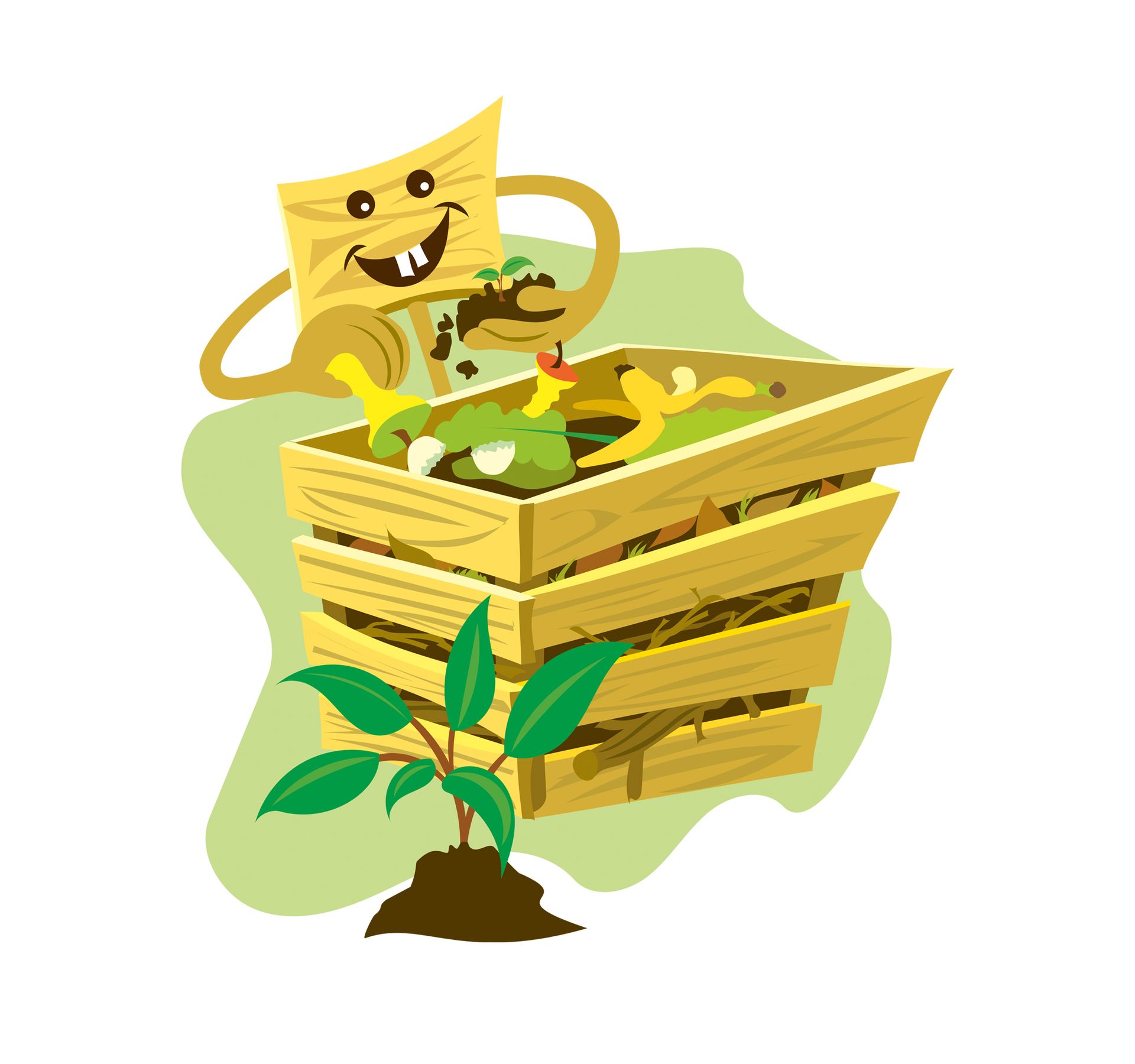 Kindgerechte Illustration mit Szenen zu Mülltrennung, Energiesparen und Naturbewusstsein - Kompost anlegen