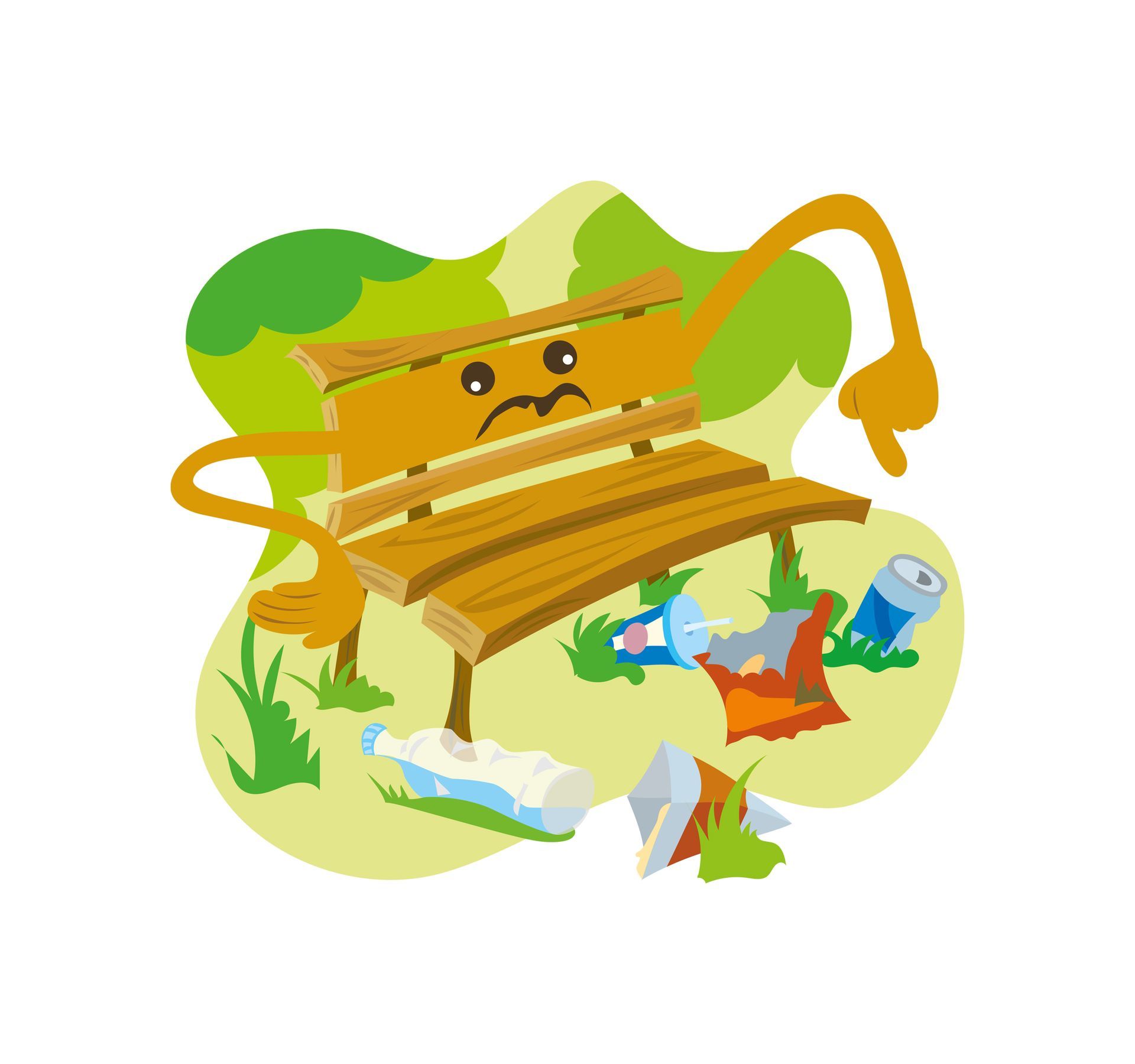 Lustige Illustration einer erbosten Parkbank mit Müll um sie herum -