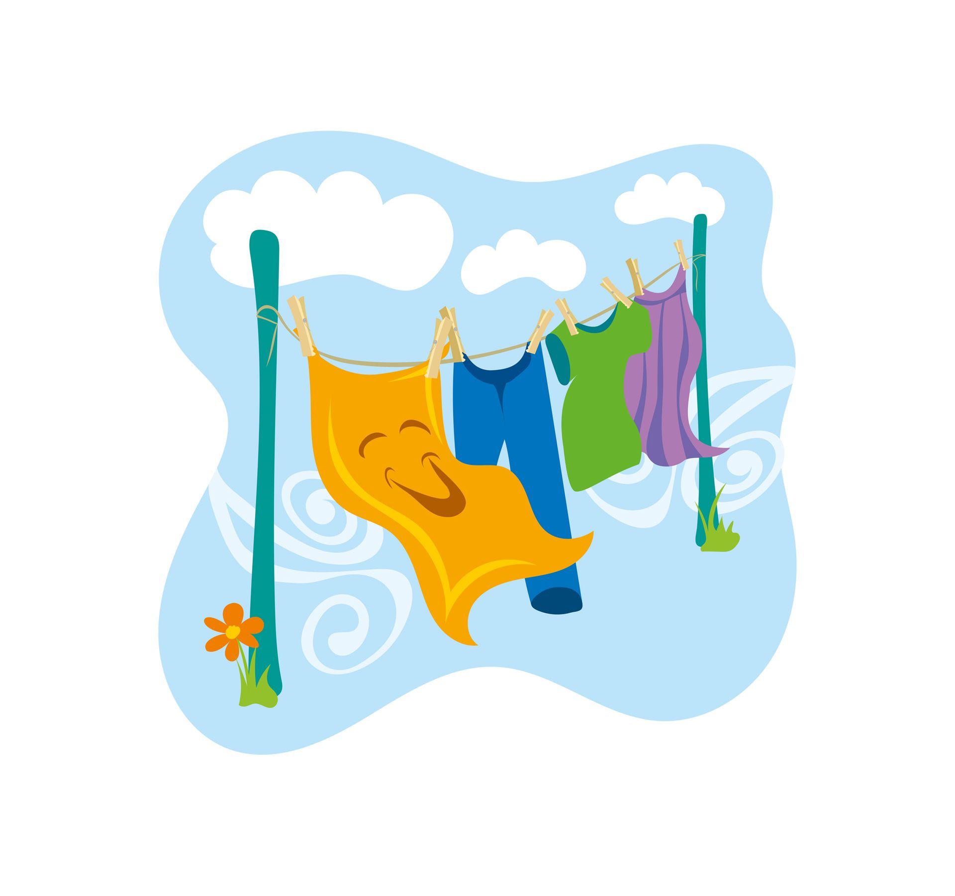 Lustige Illustration mit Szenen zu Mülltrennung, Energiesparen und Naturbewusstsein - Wäsche an der frischen Luft trocknen