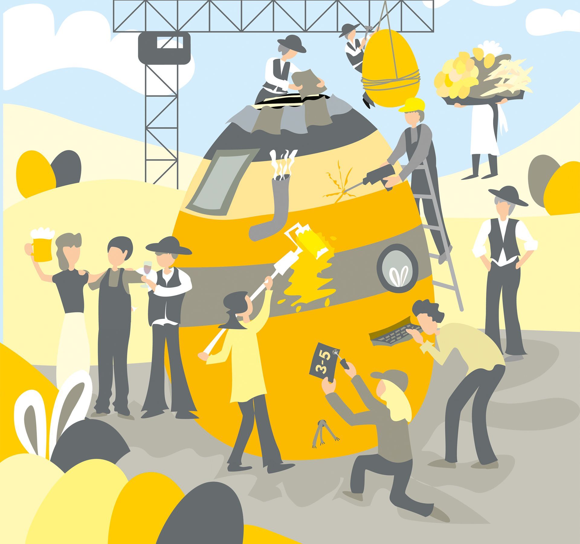 Illustration eines Osterfestes mit den Mitarbeitern aus den verschiedensten Abteilungen eines Bauunternehmen im Corporate Design