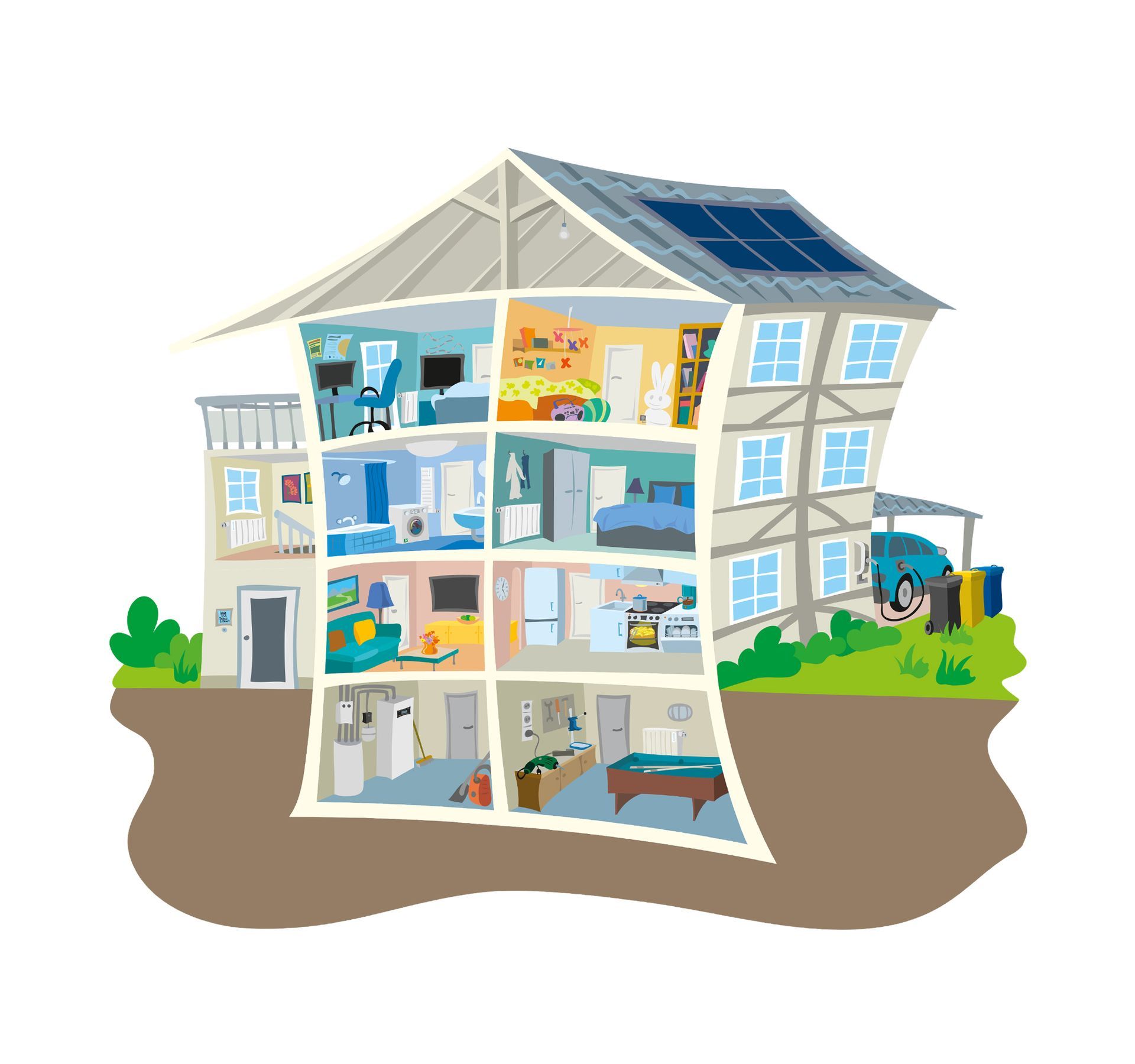 Wimmelbild Illustration für Kinder eines alten Fachwerkhauses, das energetisch saniert und renoviert wurde