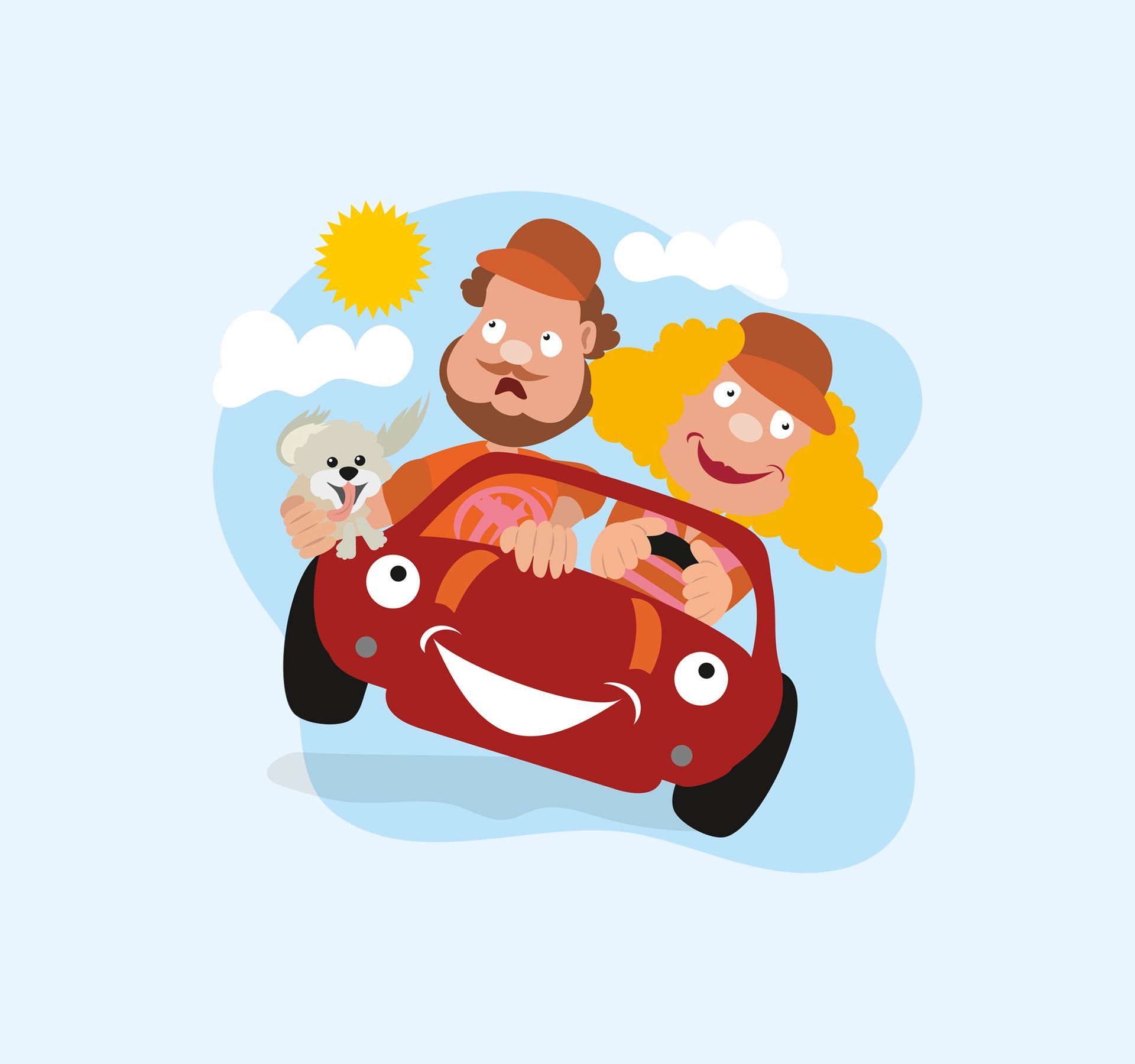Zwei Comic-Figuren fahren mit einem kleinem Hund in einem roten Auto